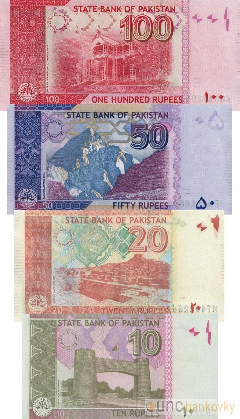 Pakistán sada 10-20-50-100 Rupees 2019-2024 UNC