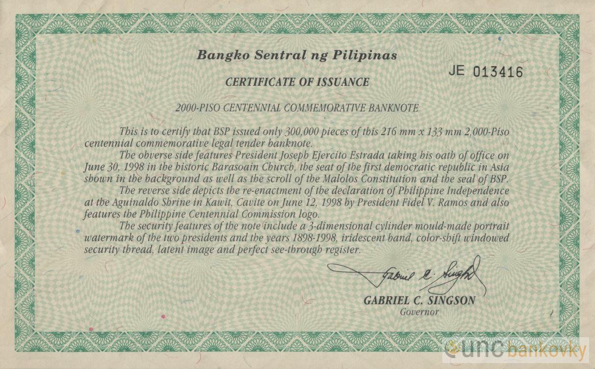 Filipíny 2000 Piso 1998 UNC