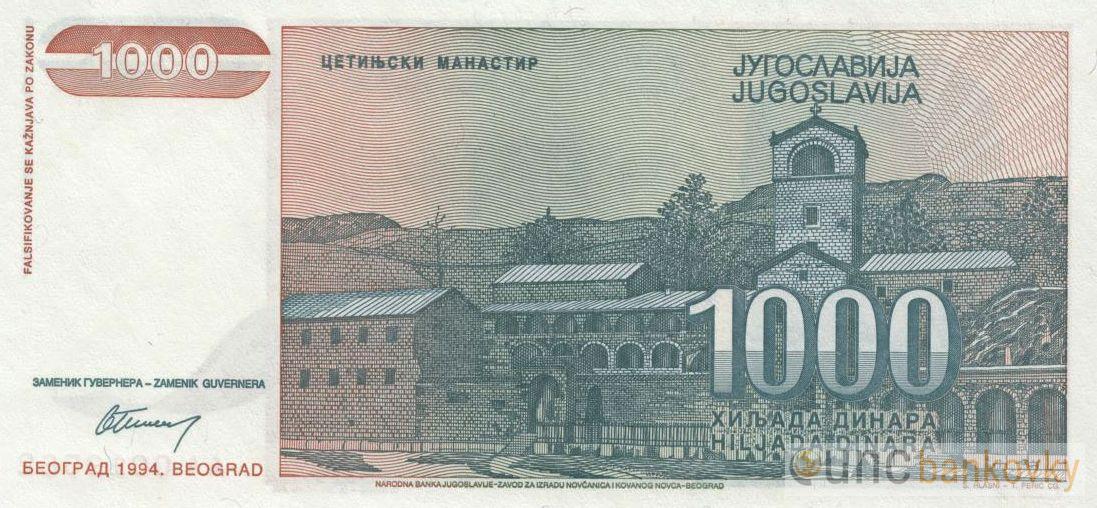 Jugoslávie 1000 Dinara 1994 UNC