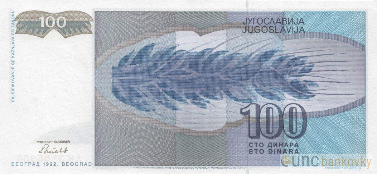 Jugoslávie 100 Dinara 1992 UNC