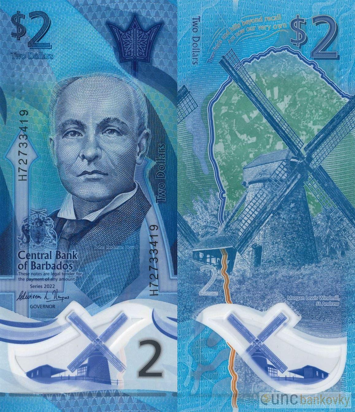 Barbados 2 Dollars 2022 UNC