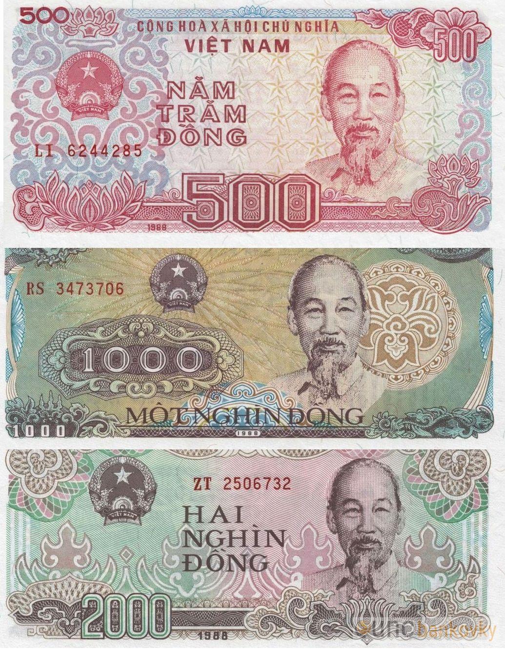 Vietnam sada 500-1000-2000 Dong 1988 UNC