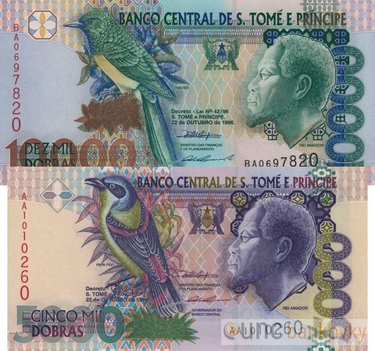 Sv. Tomáš a Princův ostrov sada 5.000 a 10.000 Dobras 1996-2004 UNC
