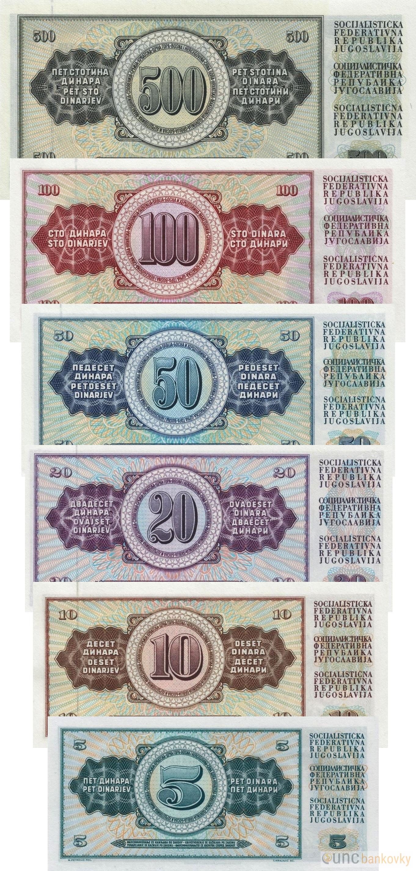 Jugoslávie set 5-500 1968 - 1981 UNC