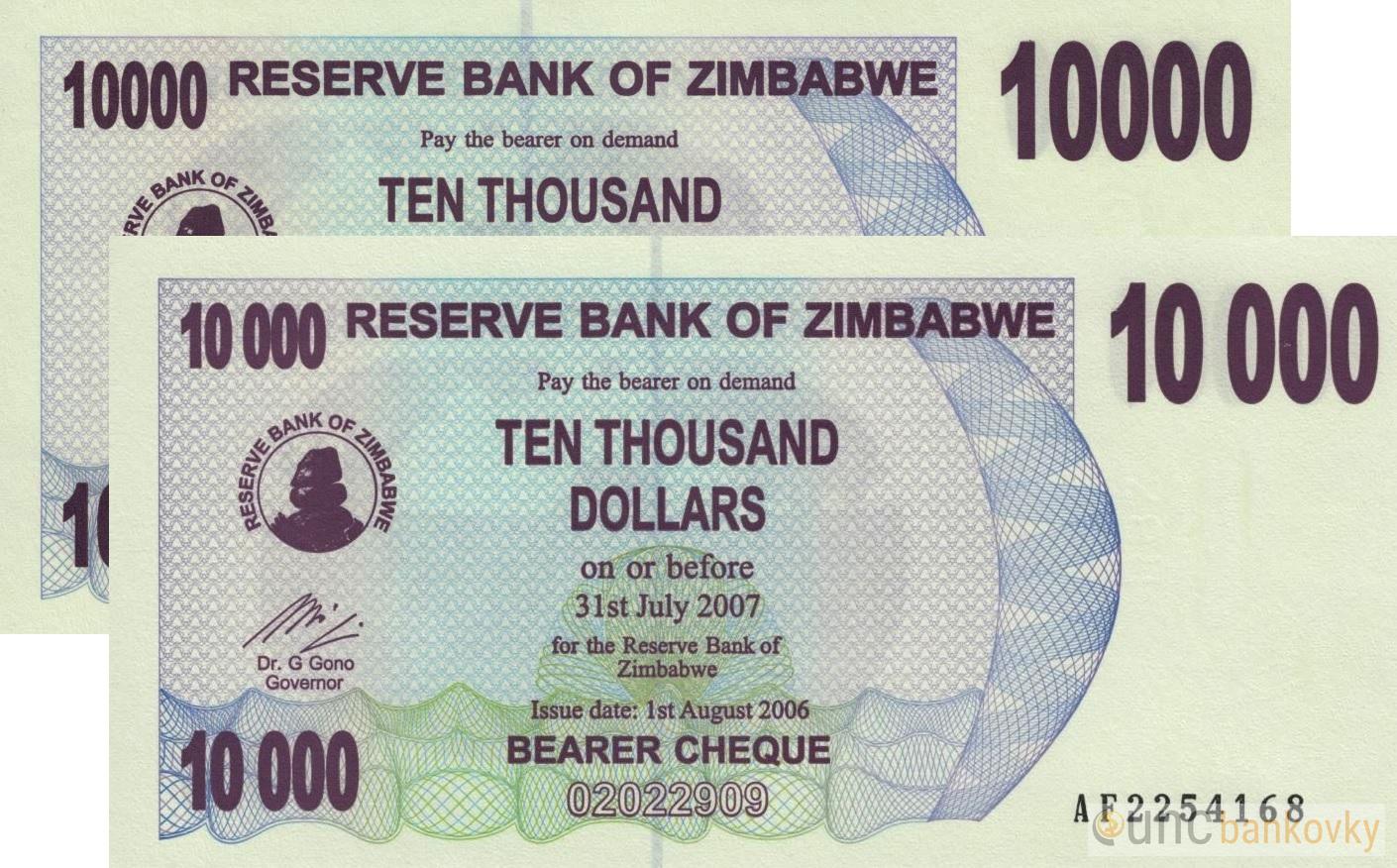 Zimbabwe chybotisk 10000 Dollars 2007 UNC