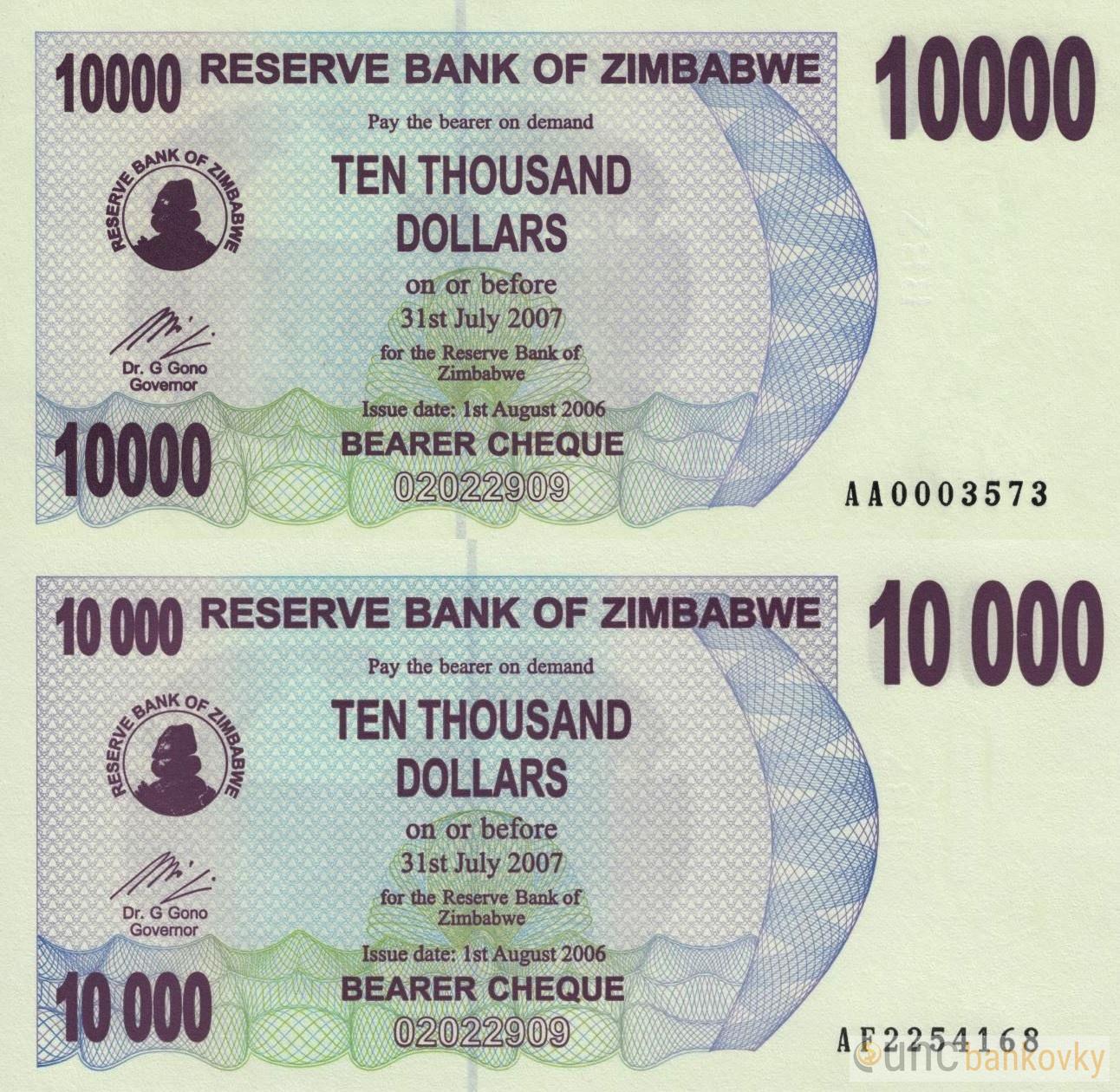 Zimbabwe chybotisk 10000 Dollars 2007 UNC