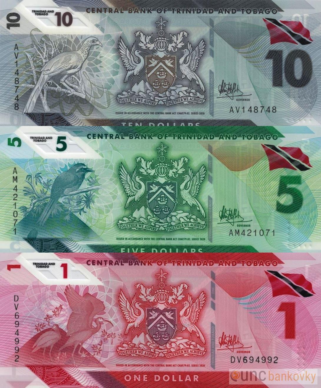 Trinidad & Tobago sada 1-5-10 Dollars 2020 UNC