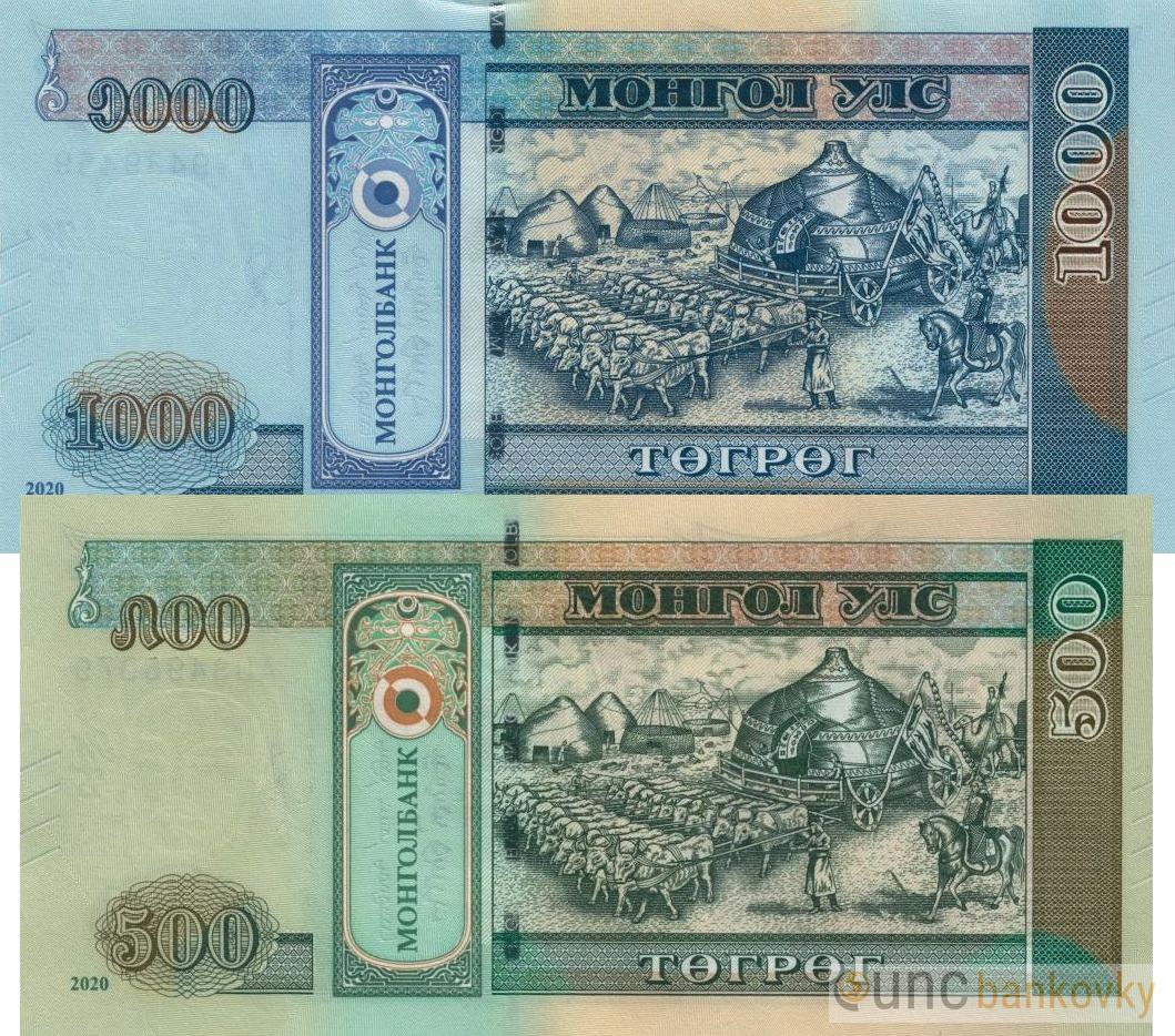 Mongolsko 500 a 1000 Tugrik 2020 UNC