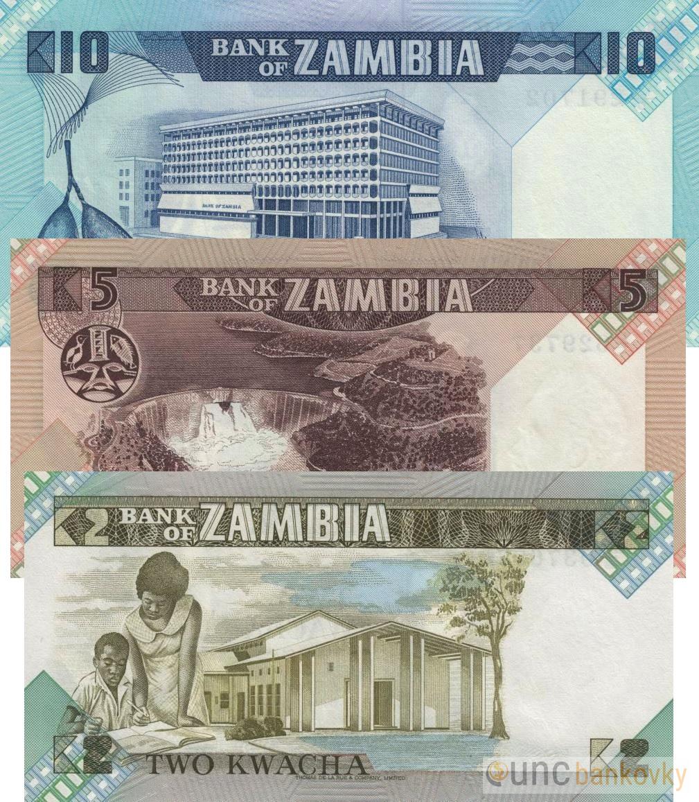 Zambie sada 2-5-10 Kwacha 1988 UNC