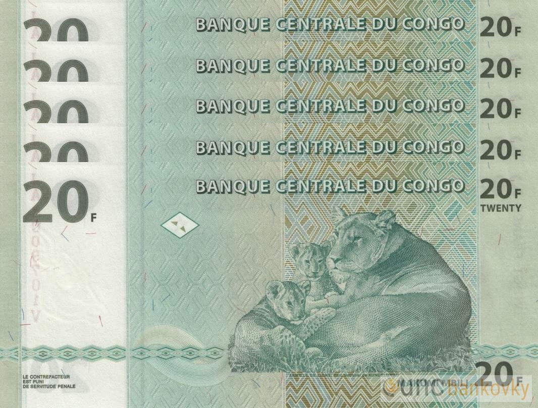 5x Kongo 20 Francs 2003 dealer set UNC