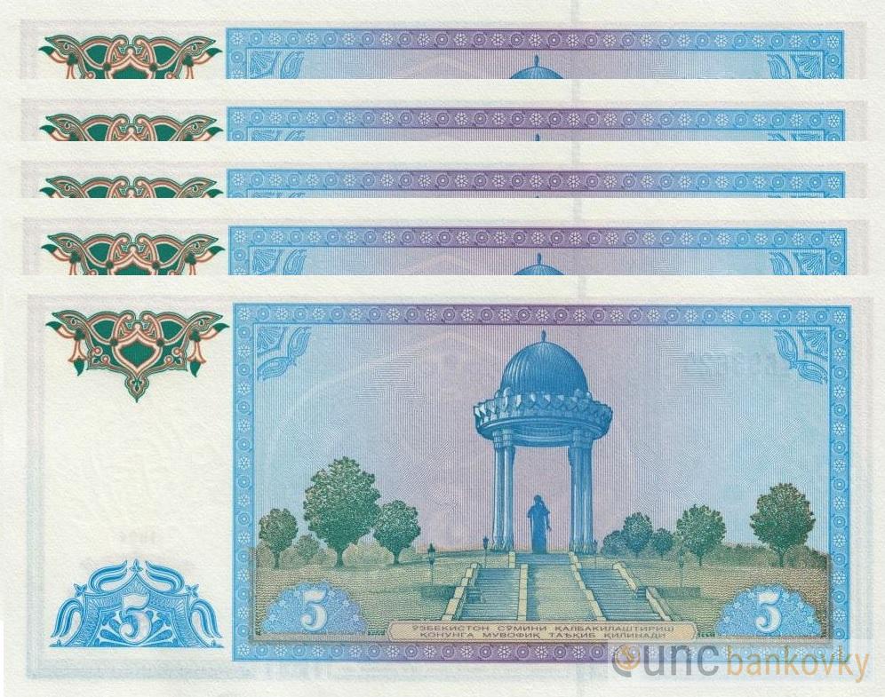 5x Uzbekistán 5 Som 1994 dealer set UNC