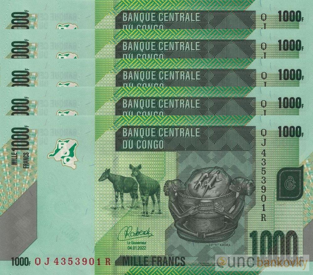 5x Kongo 1000 Francs 2022 dealer set UNC