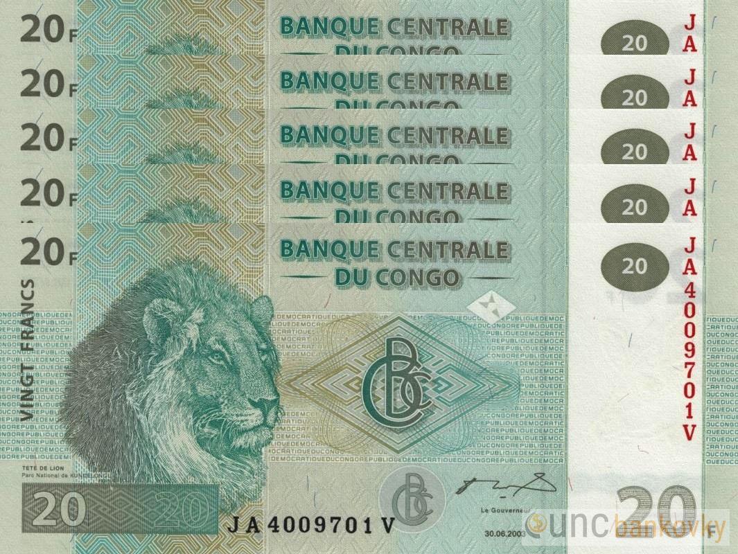 5x Kongo 20 Francs 2003 dealer set UNC