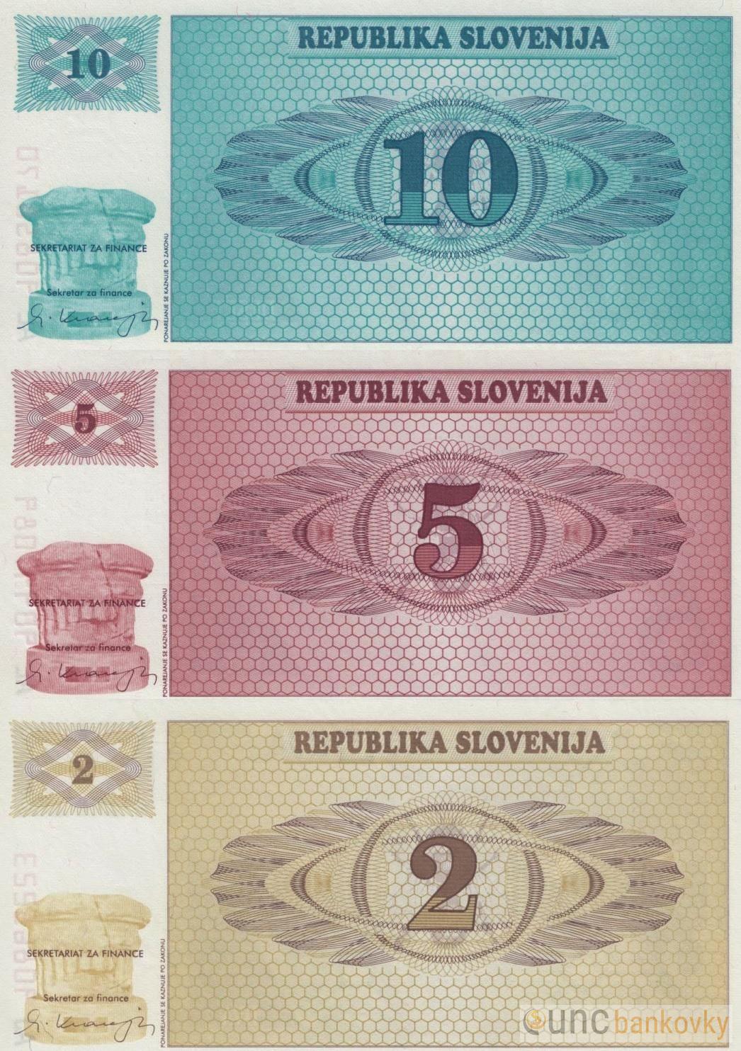 Slovinsko sada 2-5-10 Tolarjev 1990 UNC