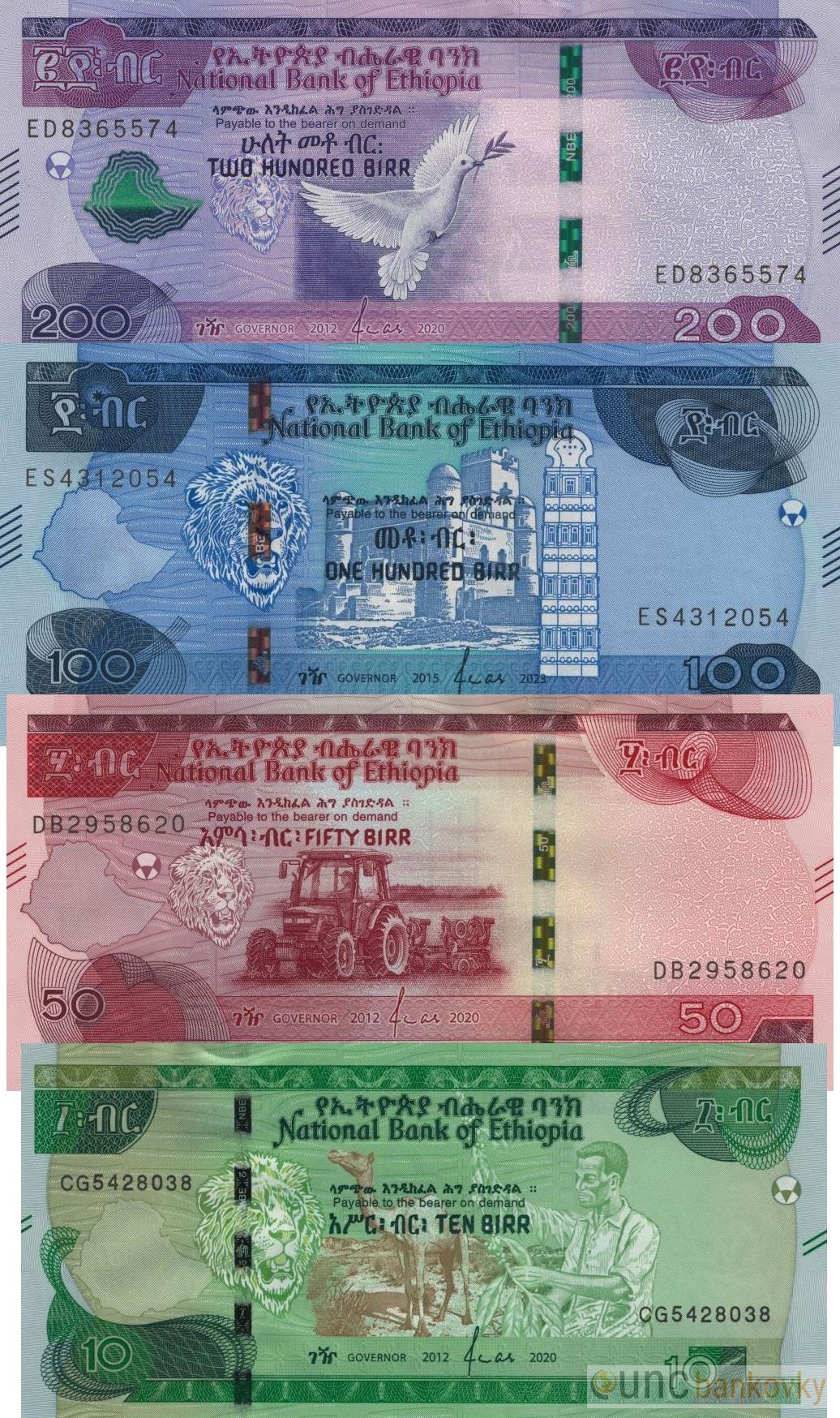Etiopie sada 10-50-100-200 Birr 2020-23 UNC