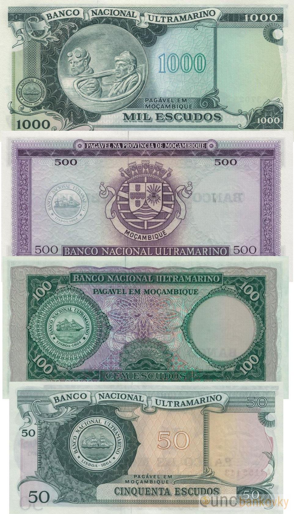 Mosambik sada 50-100-500-1000 Escudos 1961-1972 UNC