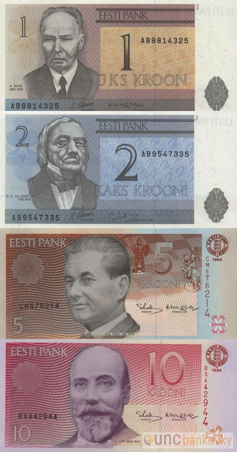 Estonsko 1-2-5-10 Krooni 1992-94 UNC
