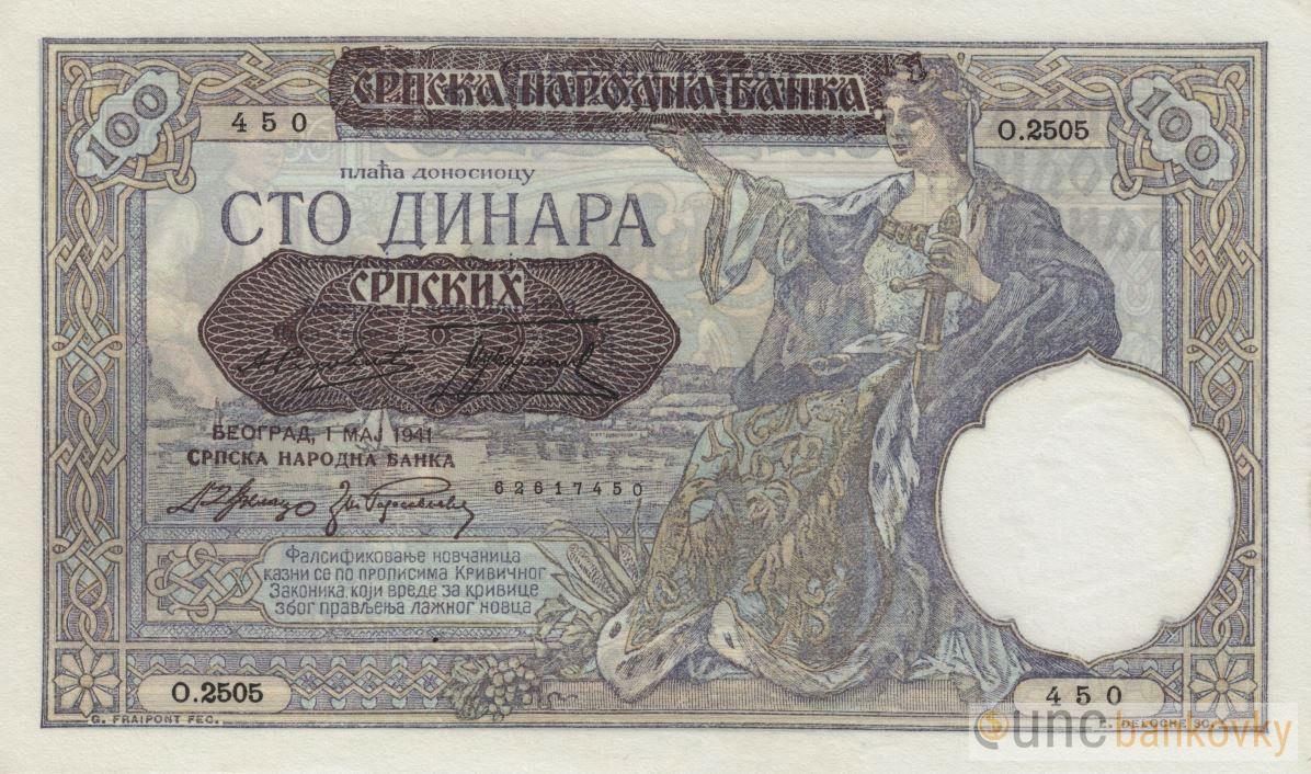 Srbsko 100 Dinara 1941 UNC