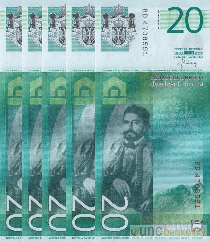 5x Srbsko 20 Dinara dealer set UNC