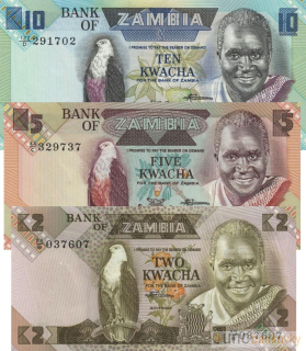 Zambie sada 2-5-10 Kwacha 1988 UNC